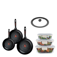 Набір сковорідок Smart Fry (24, 26, 28 см), скляних контейнерів та універсальної кришки + ПОДАРУНКИ: Набір кухонних дошок та тертка