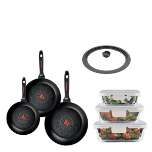 Набір сковорідок Smart Fry (24, 26, 28 см), скляних контейнерів та універсальної кришки + ПОДАРУНКИ: Набір кухонних дошок та тертка