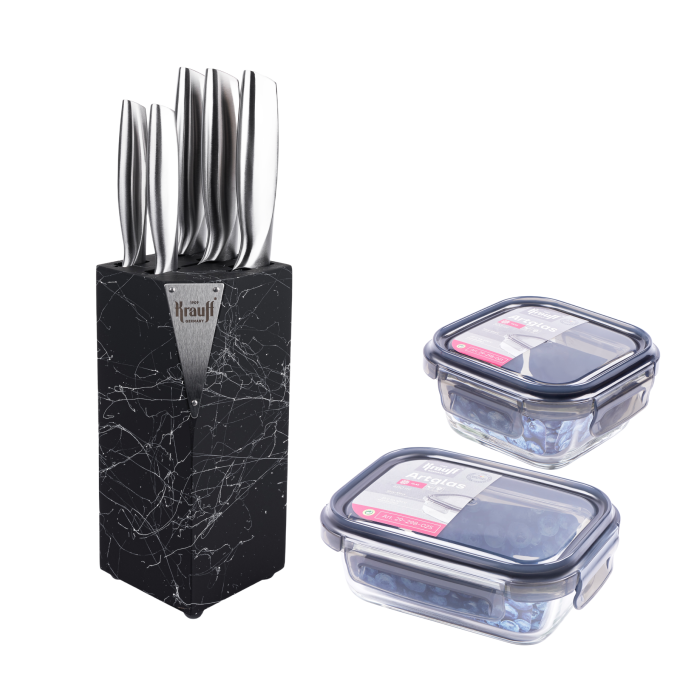 Набір ножів на підставці Prime Chef та скляних контейнерів Artglass + ПОДАРУНОК: Набір кухонних дощок