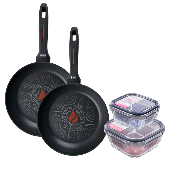 Набір сковорідок Krauff Smart Fry 24 см 26 см та скляні контейнери ArtGlass + ПОДАРУНОК: Скляна кришка
