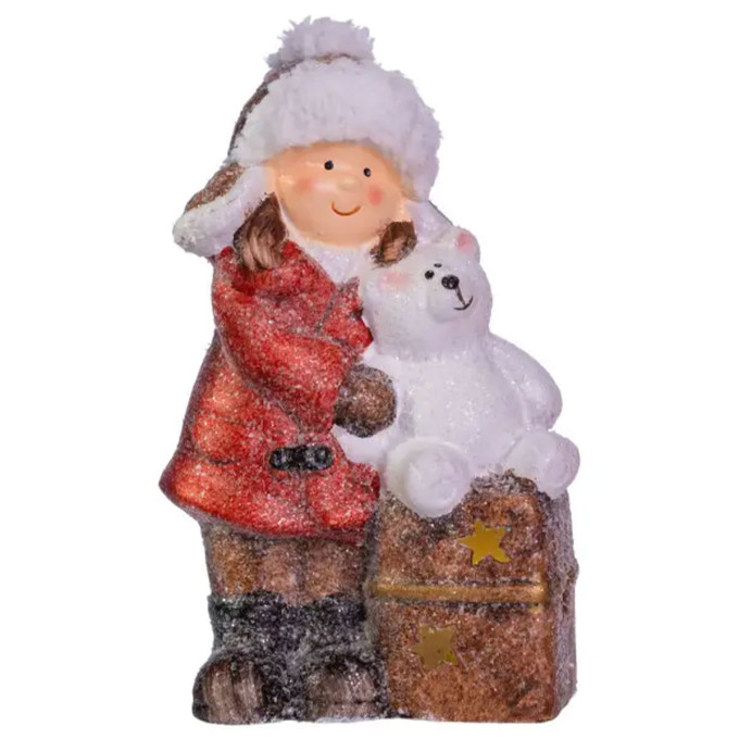 Новорічна декоративна фігурка з підсвічуванням 12×6×20 см Новорічний декор Дівчинка з подарунком по фарфору CR-5-17