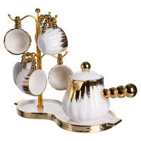 Кавовий сервіз на підставці з кавником 450 (мл) 6 чашок по 90 (мл) подарунковий набір чашок на підставці Білий із золотом FM-JJ-5 Кавовий сервіз на підставці з кавником 450 (мл) 6 чашок по 90 (мл) подарунковий набір чашок на підставці Білий із золотом FM-JJ-5