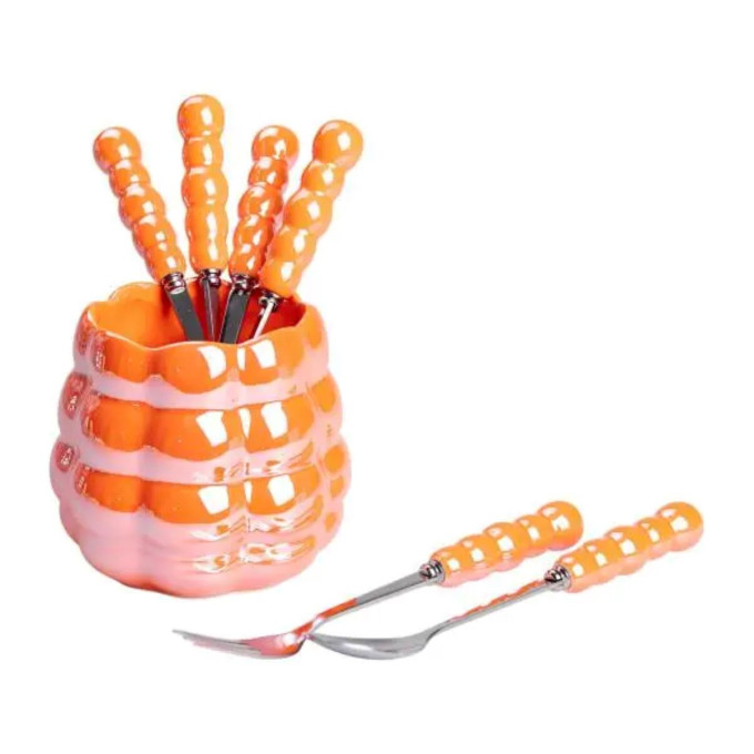 Набір десертних виделок та ложок на 3 персони з підставкою з порцеляни 7 предметів Помаранчевий HP-20-60